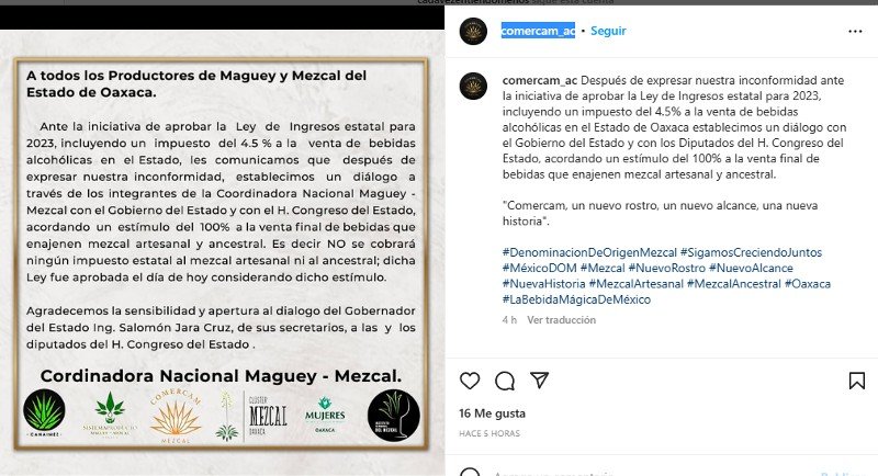 Mezcal artesanal y ancestral, exentas del Impuesto a la Venta Final de Bebidas: Comercam