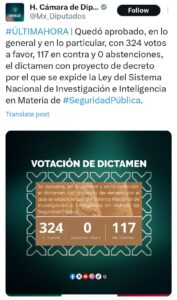  Quedó aprobado, en lo general y en lo particular, con 324 votos a favor, 117 en contra y 0 abstenciones.