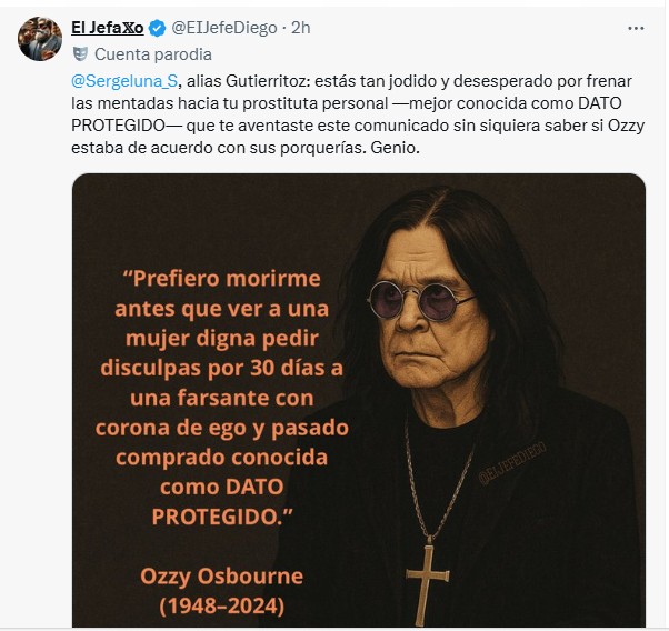 Tunden a Gutiérrez Luna, usa cuenta oficial para lamentar muerte de Ozzy Osbourne