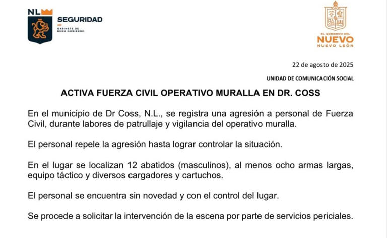 Abaten a 12 hombres armados en un enfrentamiento en Doctor Coss, NL