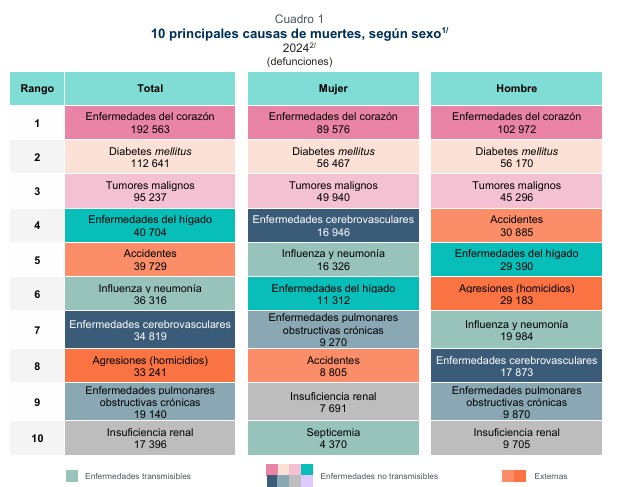 En 2024, en México se registraron 818 mil 437 defunciones. Los decesos aumentaron 2.3% respecto a 2023, cuando no se notificaron 799,869, de acuerdo con cifras preliminares del Instituto Nacional de Estadística y Geografía (Inegi). De acuerdo con el reporte, las primeras cinco causas de defunción a nivel nacional fueron las enfermedades del corazón con 192,563 fallecimientos; por diabetes mellitus, 112,641; tumores malignos, 95,237; enfermedades del hígado, 40,704 y accidentes, 39,729. El 44% de los fallecimientos correspondió a mujeres y 55.9% a hombres. A nivel nacional, casi 89.6% de las muertes tuvieron por causa enfermedades y problemas de salud. Las tres primeras causas de muerte registran un aumento de casos respecto a 2023. Por ejemplo, las enfermedades del corazón pasaron de una tasa de 146.3 muertes por casa 100 mil habitantes en ese año a 148.1 en 2024. Las muertes por diabetes mellitus se incrementaron de 85.1 a 86.6 por casa 100 mil habitantes; y los decesos por cáncer subieron la tasa de 70.8 a 73.2.