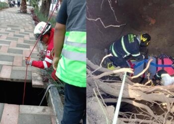 Este sábado, una mujer se lesionó al caer en un socavón de aproximadamente tres metros, que se abrió en la esquina de avenida Eduardo Molina y Talismán,