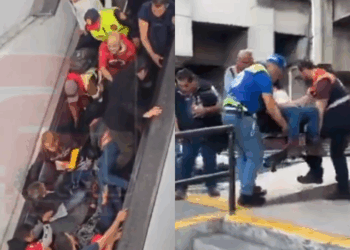 ¡Tremendo accidente! Caen 12 usuarios en escalera electromecánica de la línea 9 del Metro.