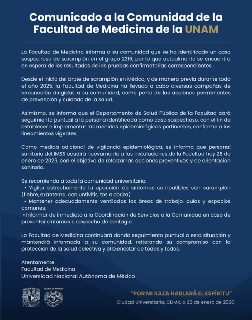 UNAM reporta un caso sospechoso de sarampión
