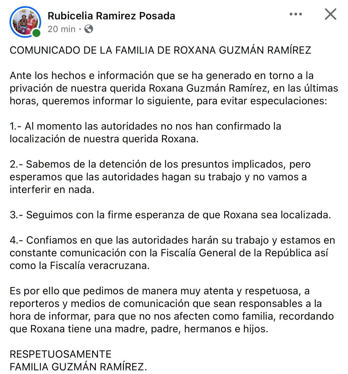 Familia de Roxana Guzmán desmiente hallazgo sin vida y exige frenar rumores