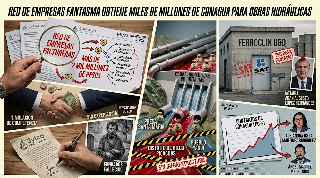 Una investigación de Mexicanos Contra la Corrupción y la Impunidad (MCCI) reveló que una red de diez empresas vinculadas entre sí, sin experiencia comprobada en obras hidráulicas y con presuntos esquemas de simulación de competencia, recibió contratos por más de 2 mil 314 millones de pesos de la Comisión Nacional del Agua (CONAGUA) durante los gobiernos de Andrés Manuel López Obrador y Claudia Sheinbaum. El caso adquiere especial relevancia debido a que el eje de esta red empresarial es Ferroclin U&Q, compañía constituida en una notaría del hoy senador morenista Adán Augusto López Hernández y que fue incluida por el Servicio de Administración Tributaria (SAT) en la lista definitiva de empresas que simulan operaciones. De acuerdo con la investigación, Ferroclin recibió contratos por más de 329 millones de pesos para proyectos hidráulicos prioritarios, pese a que el SAT concluyó que carecía de activos, personal e infraestructura suficientes para realizar las obras adjudicadas. La red empresarial obtuvo contratos relacionados con proyectos estratégicos como la presa Santa María y el distrito de riego Picachos, en Sinaloa, así como obras de irrigación para el pueblo Yaqui, en Sonora. Según MCCI, varias de estas compañías compartían administradores, gerentes, accionistas y representantes legales, además de participar simultáneamente en licitaciones públicas, lo que apunta a posibles prácticas de simulación de competencia. La investigación también señala que cerca del 80 por ciento de los recursos asignados a este entramado empresarial fueron autorizados desde la Gerencia de Recursos Materiales de CONAGUA, área que estuvo encabezada por Alejandra Icela Martínez Rodríguez, hija de la actual secretaria de Gobernación, Rosa Icela Rodríguez, y posteriormente por Ángel Manuel Medel Ríos, exintegrante de la Ayudantía Presidencial. Otro de los hallazgos documentados es el caso de Jylco Construcciones, una pequeña empresa de Acapulco cuyo fundador falleció en condiciones económicas precarias sin conocer que la compañía había obtenido contratos multimillonarios con el gobierno federal después de que empresarios tabasqueños asumieran su control administrativo. La investigación sostiene que varias empresas originalmente establecidas en Guerrero fueron intervenidas por un mismo grupo de empresarios y operadores provenientes de Tabasco, quienes posteriormente accedieron a contratos millonarios de infraestructura hidráulica pese a no contar con antecedentes en el sector. A pesar de haber sido declarada como empresa fantasma por el SAT en enero de 2026, Ferroclin continuó participando en licitaciones de CONAGUA meses después de dicha resolución, lo que ha generado cuestionamientos sobre los mecanismos de control y supervisión de las contrataciones públicas. Consultada por MCCI, la CONAGUA respondió que la información de los contratos es pública y señaló que cualquier posible irregularidad corresponde a las instancias competentes de fiscalización e investigación. Por su parte, exfuncionarios involucrados en los procesos de contratación rechazaron responsabilidades directas y señalaron que la revisión de los hechos corresponde a las autoridades anticorrupción. El caso vuelve a colocar bajo escrutinio la transparencia en la asignación de contratos públicos y los controles gubernamentales para evitar que empresas señaladas por presuntas operaciones simuladas accedan a recursos multimillonarios destinados a obras prioritarias de infraestructura.