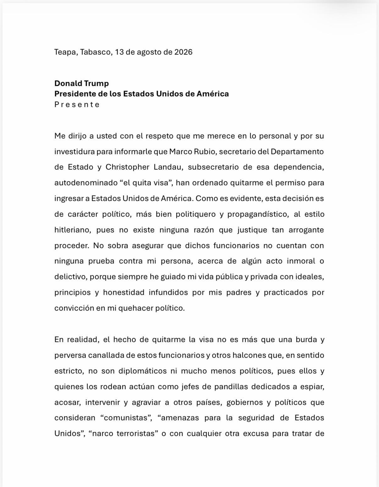 Retiran VISA a Andy López Beltrán; reta a Trump y lo califica de apático